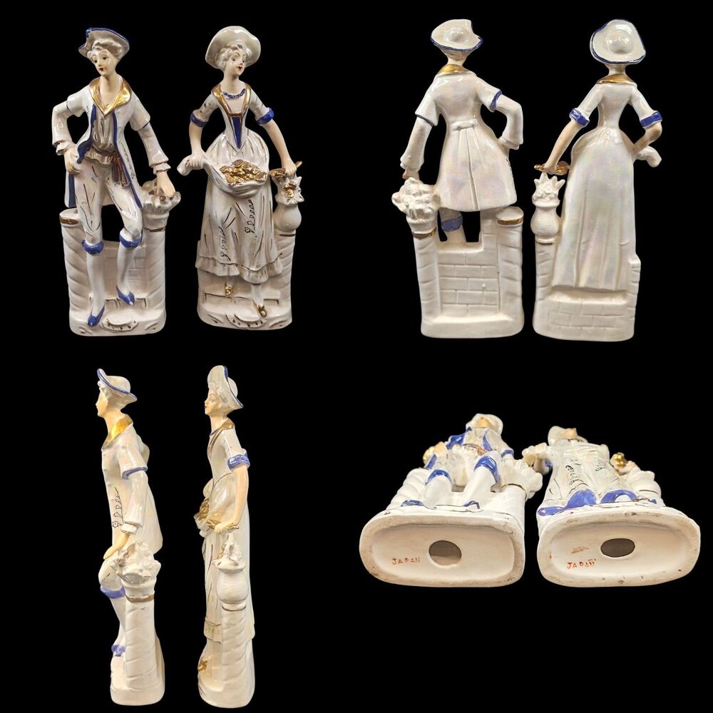 Vintage Man & Woman Couple In Blue & Gold With Flowers Porcelain Figurines Japan